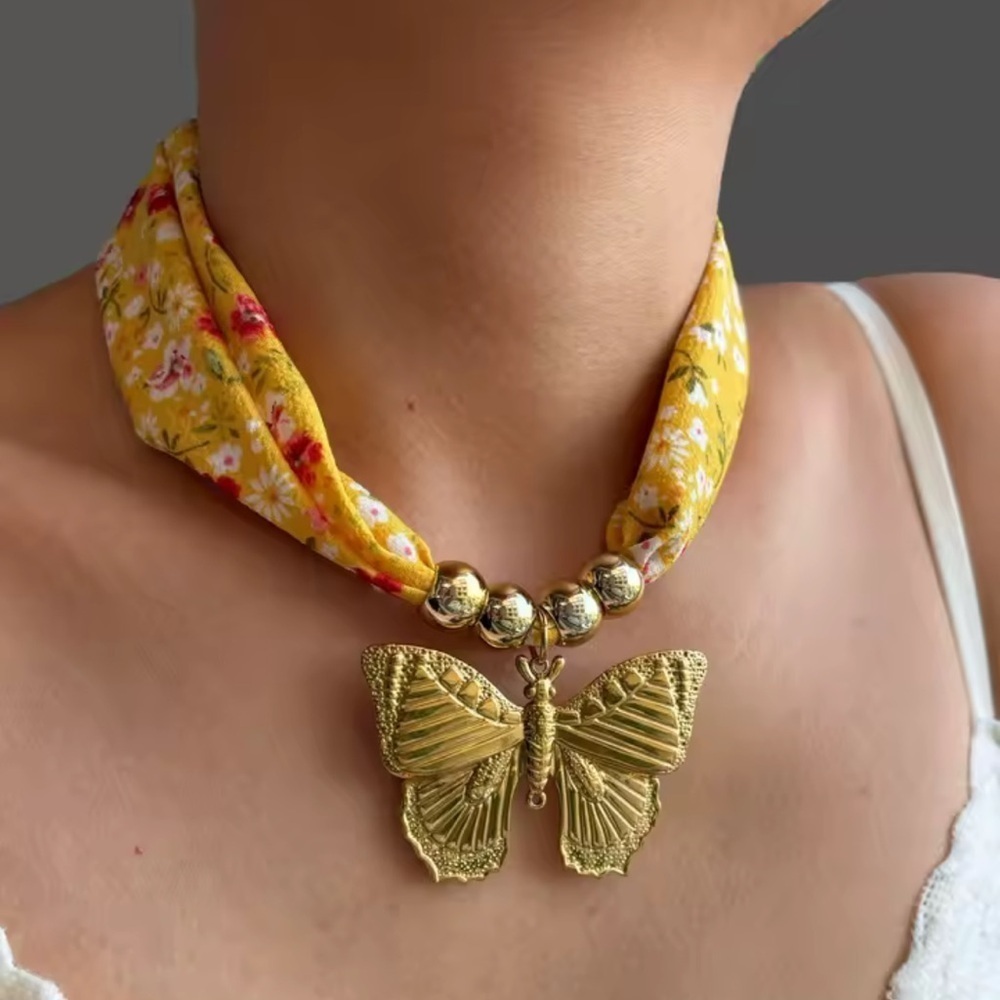 Golden Butterfly 18K Gold Stainless Steel Floral Scarf Choker Necklace